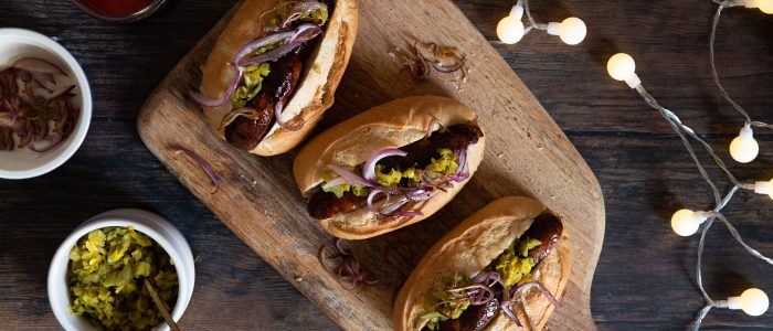 Sticky Gerkin Sticky Ginger Glazed Hotdogs with Gherkin Relish - Stir it up Magazine