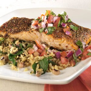 Blackened Cajun Salmon with Seasoned Rice and Fresh Salsa - Stir it up Magazine