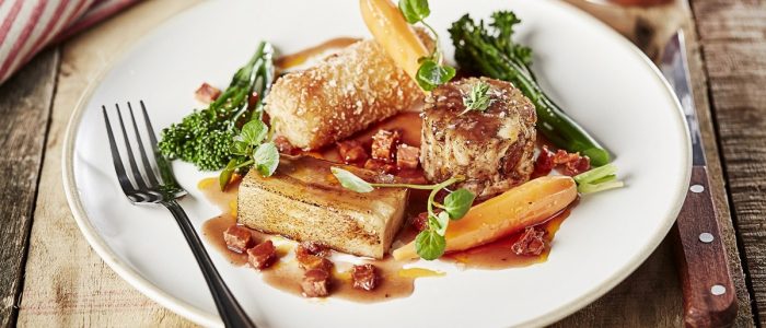 Rolled Pork Shoulder with Black Pudding Croquette - Stir it up Magazine