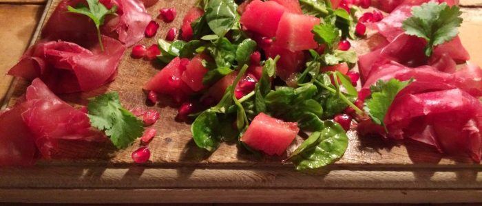 Bresaola, Watermelon, Pomegranate & Coriander salad with Pomegranate Molasses Dressing - Stir it up 