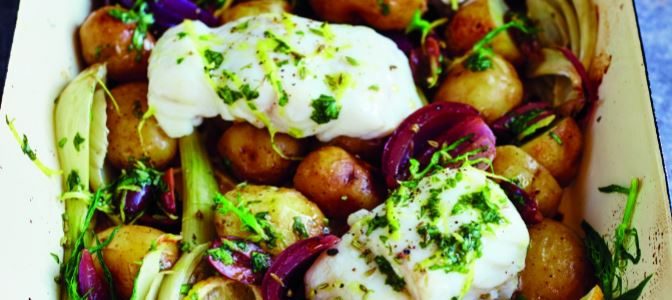 Pippa Middleton’s Lemon, Red Onion &amp; Fennel Cod Traybake - Stir it up Magazine