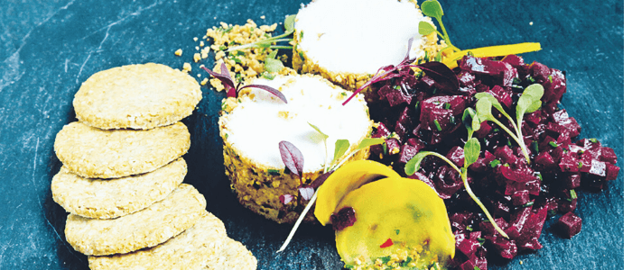 Goats cheese with salt pickled beetroot, chutney, toasted hazelnuts and oatcakes - Stir it up Magazi