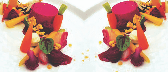 Heirloom Beetroot Beetroot Panna Cotta, Pickled Vegetables, Creamed Vegan Cheese, Beetroot Reduction