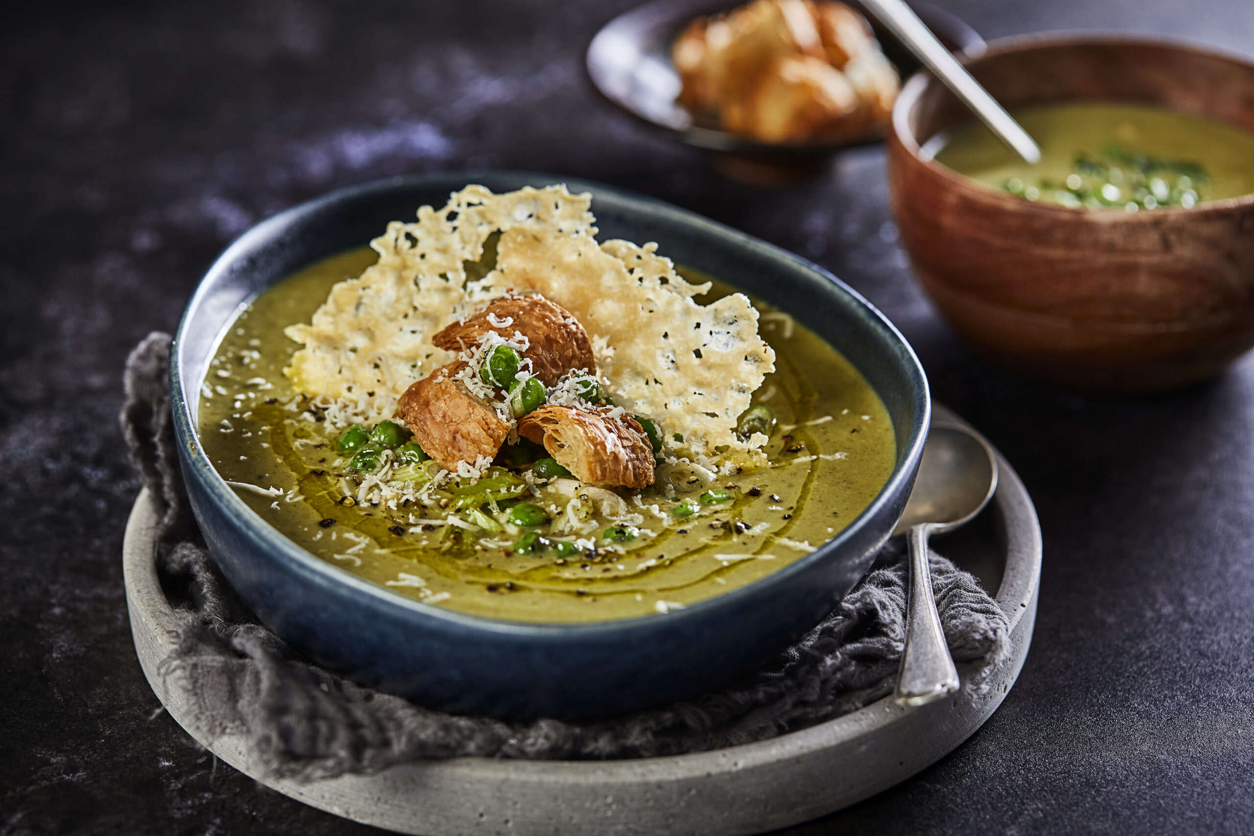 Pea and Spring Onion Soup with Croissant Croutons - Stir it up Magazine